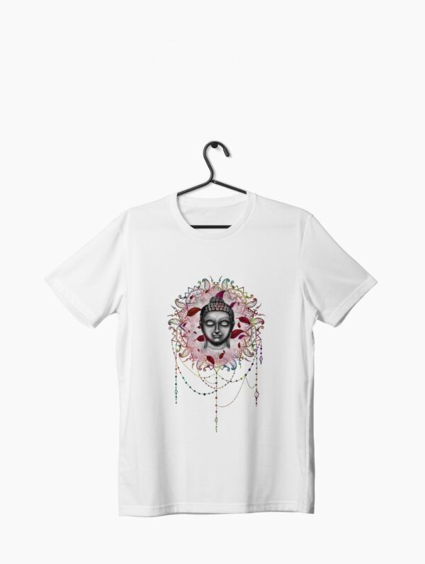 a white t-shirt with floral buddha artwork