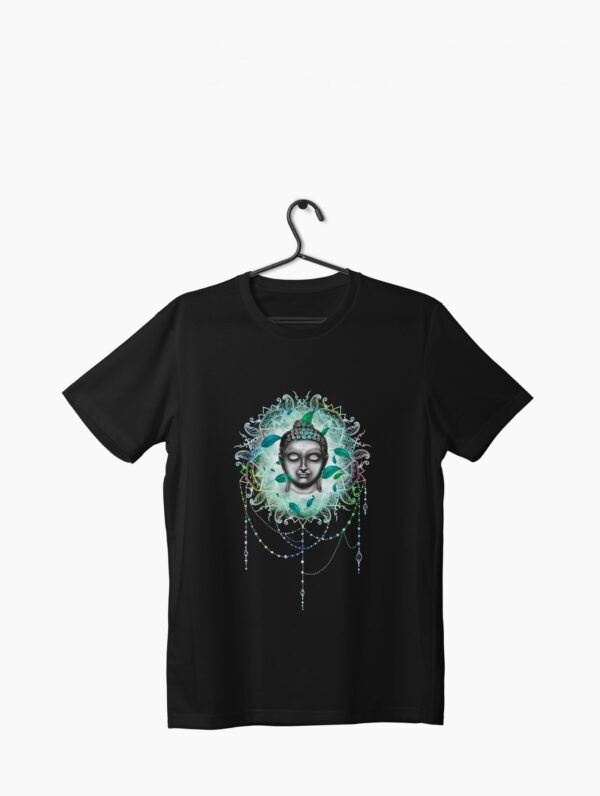 a floral buddha design by alphi on a t-shirt