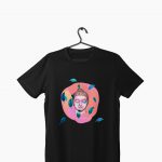 black t-shirt with feather falling around a buddha head
