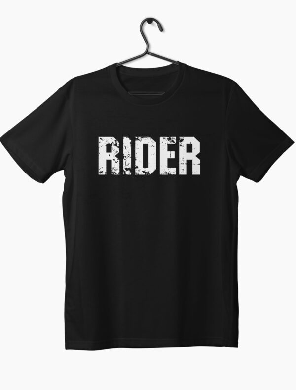 a black t-shirt with rider lettering on it