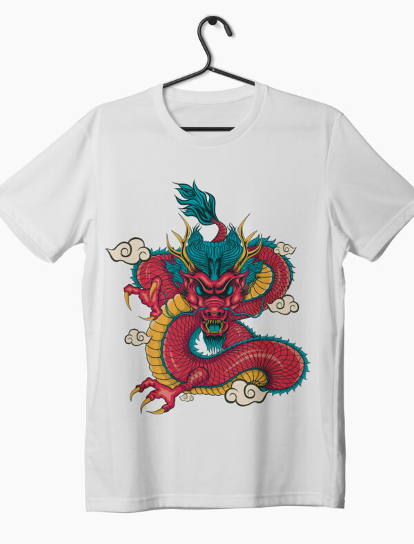 red dragon illustration on white t-shirt by custom t house