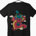 red dragon illustration on black t-shirt by custom t house