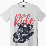 Royal Enfield bike graphic with lets ride text printed on white crew neck t-shirt