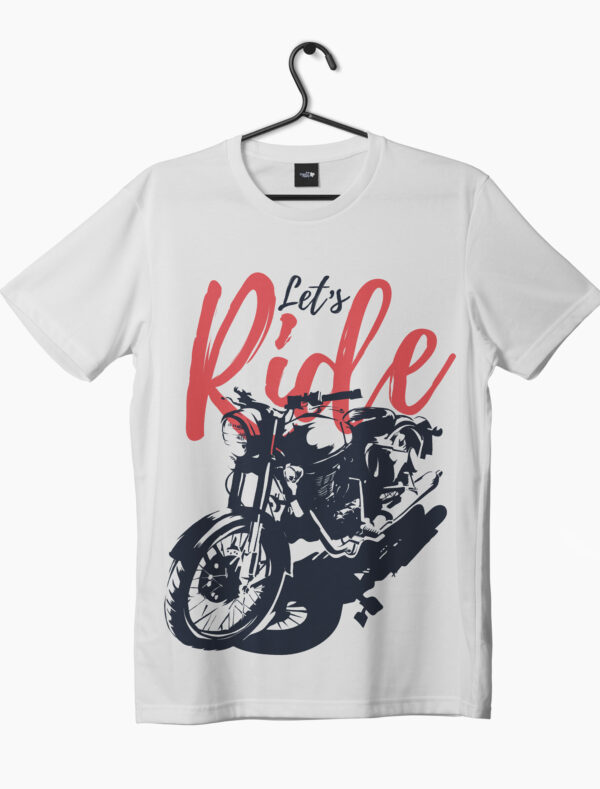 Royal Enfield bike graphic with lets ride text printed on white crew neck t-shirt