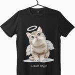 cute little angel cat graphic printed crew neck black t-shirt