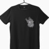 a black color t-shirt with a heart design on left pocket side
