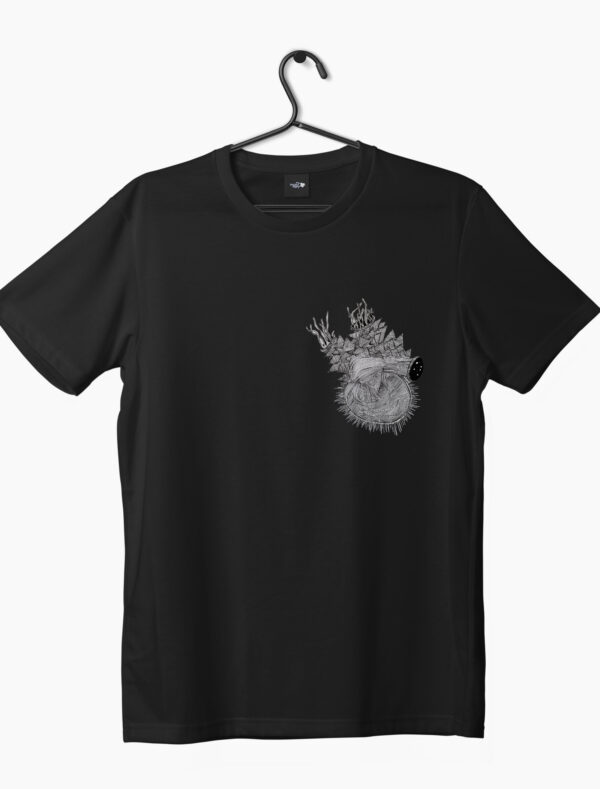 a black color t-shirt with a heart design on left pocket side