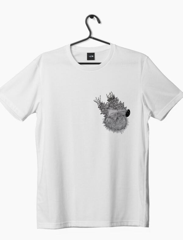 a white color t-shirt with a heart design on left pocket side