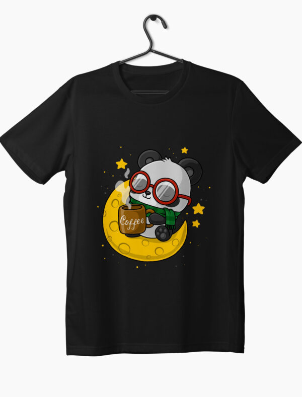 a panda with coffee in hand sitting on moon with stars graphic print on black t-shirt