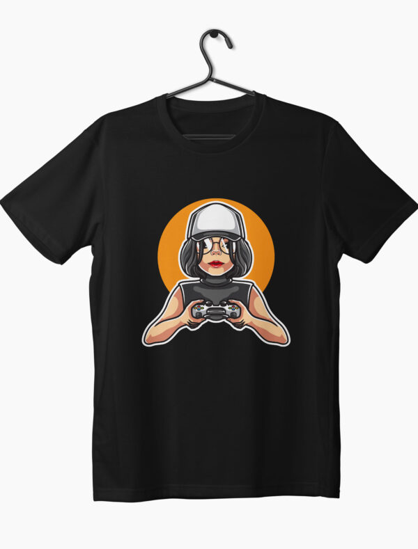 cute gamer girl holding joystick graphic print t-shirt