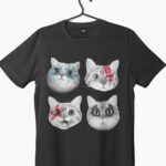 cute kitten motif graphic printed on black t-shirt