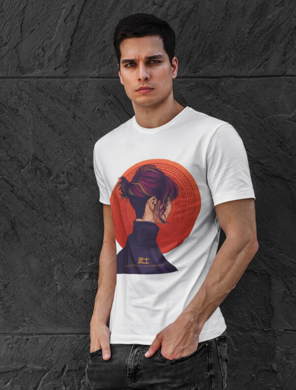 Handsome man wearing a samurai girl graphic printed t-shirt designed by cursed loop