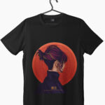 a black t-shir with samurai girl graphic print