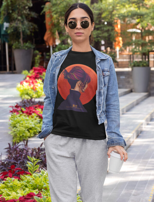 stylish women wearing samurai print black t-shirt wearing a sunglass