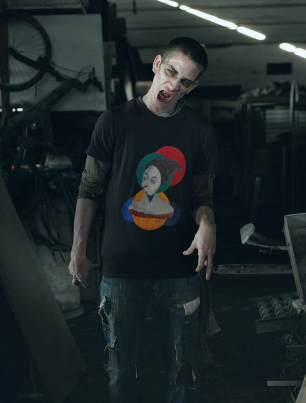 zombie wearing a black t-shirt with SCP Zombie art
