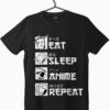 black t-shirt featuring eat sleep anime repeat graphic print