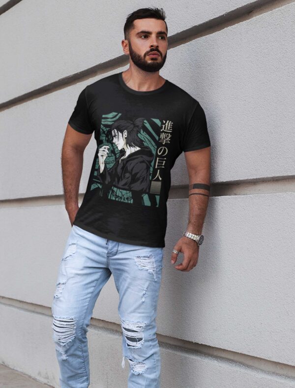 model wearing atatck on titan with eren graphic printed black t-shirt