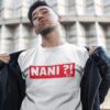 model wearing white t-shirt with nani typography printed on chest