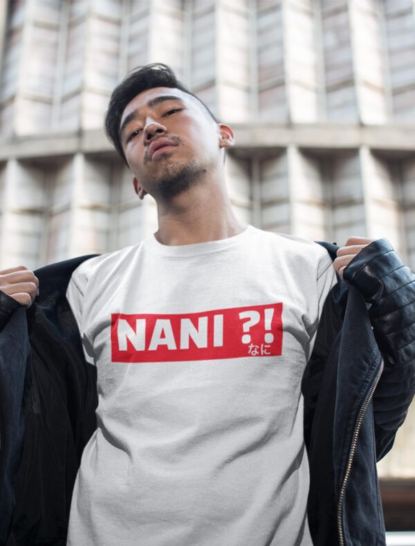 model wearing white t-shirt with nani typography printed on chest