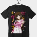 A black t-shirt with graphic print of anime character chizuru from anime rent a girlfriend