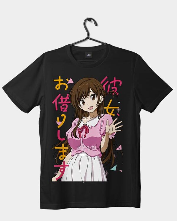 A black t-shirt with graphic print of anime character chizuru from anime rent a girlfriend