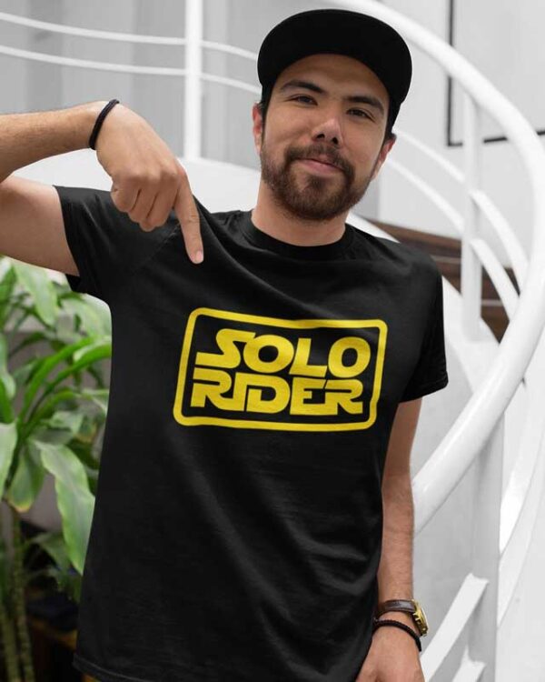 Black t-shirt with Yellow 'Solo Rider' graphic design on the front