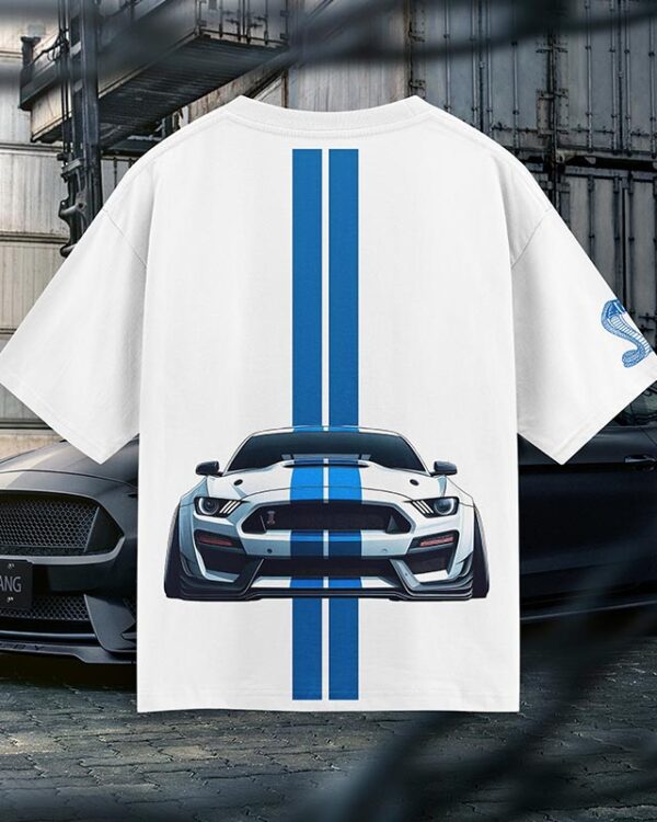 Shelby Mustang T-Shirt featuring blue GT350 car graphic on oversized white t-shirt back view