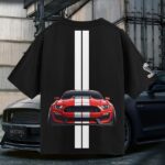 Bold Shelby Mustang T-Shirt with red GT350 graphic on back and Shelby text on front, black oversized fit