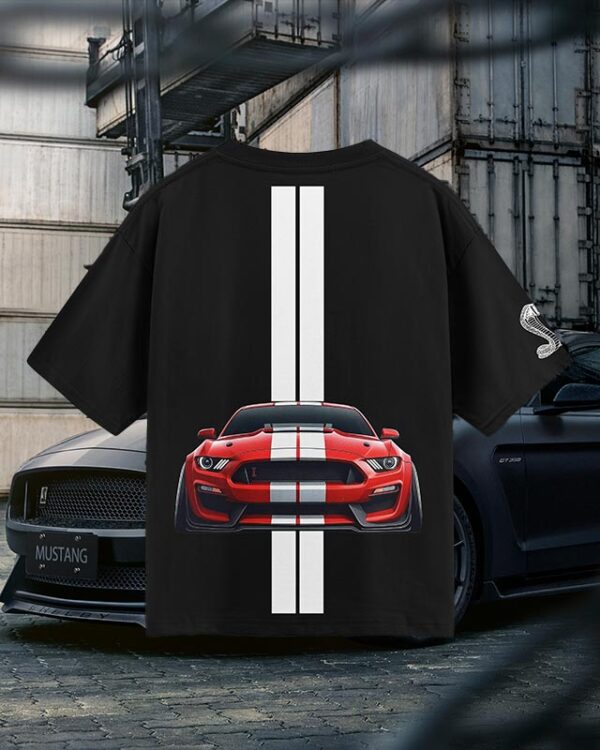 Bold Shelby Mustang T-Shirt with red GT350 graphic on back and Shelby text on front, black oversized fit